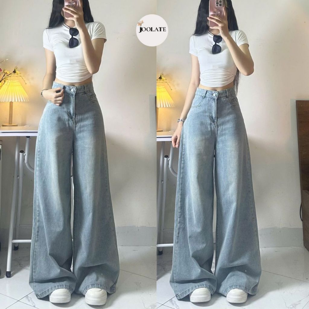 Quần jeans ống rộng Joolate màu xanh bạc ánh rêu hơi loe nhẹ lên dáng đẹp 7599 P12K10