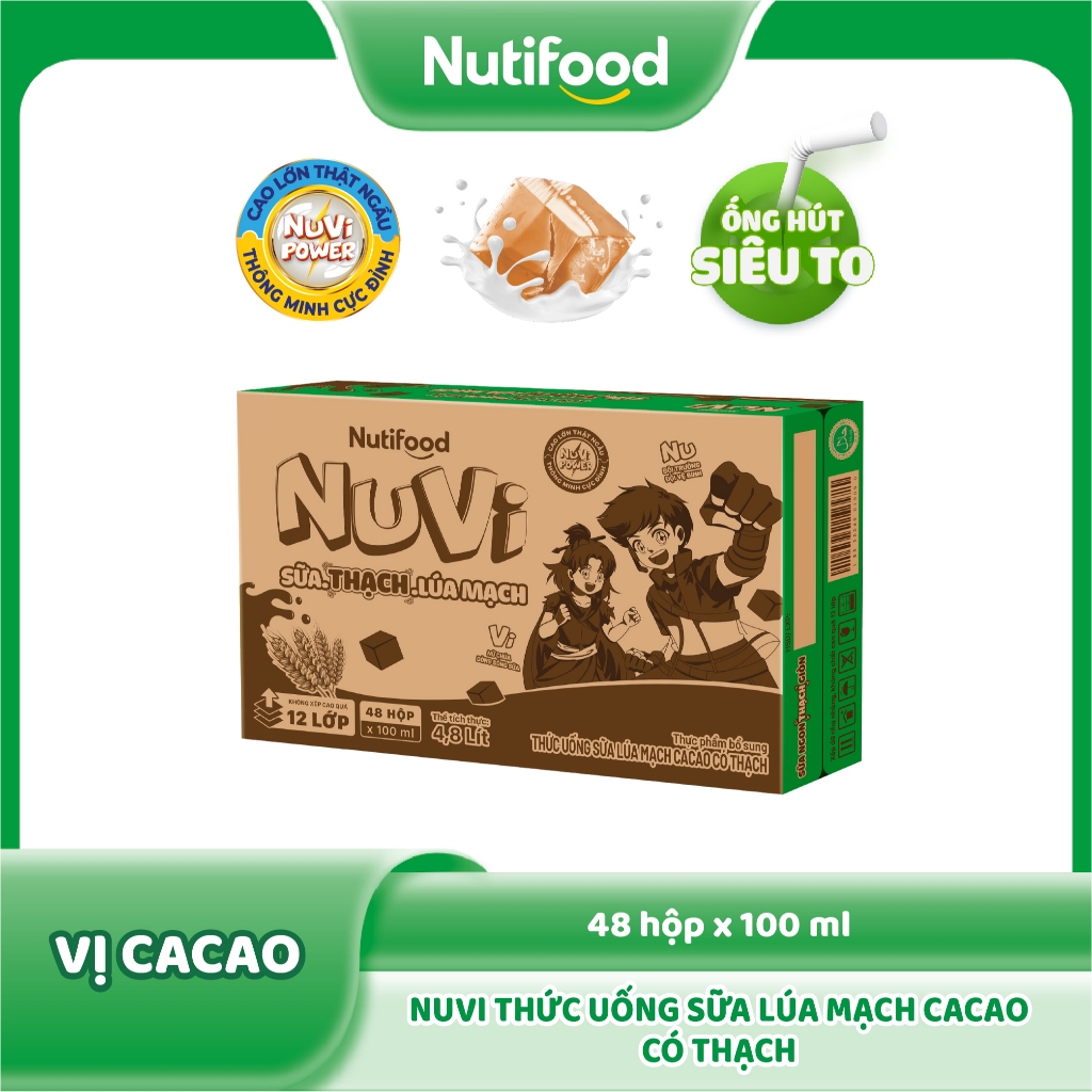 Ảnh Thùng Sữa Lúa Mạch Cacao Có Thạch NuVi 100ml (48 Hộp x 100ml) 2