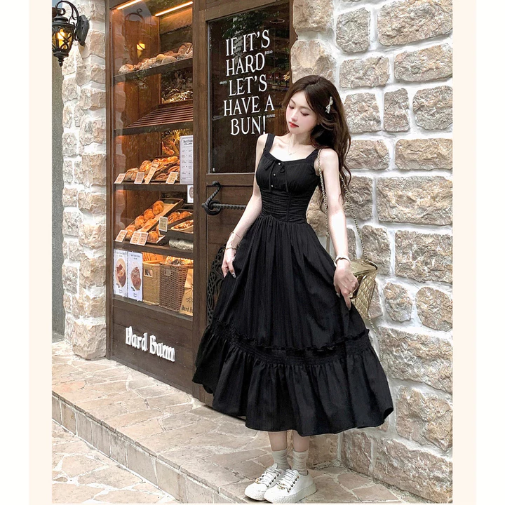 Váy Nữ Maxi Váy 2 Dây Nữ Dáng Dài Đầm Maxi Xếp Ly Eo Váy Dáng Dài Chất Vải Đũi Gân Mềm Mát 2 Lớp