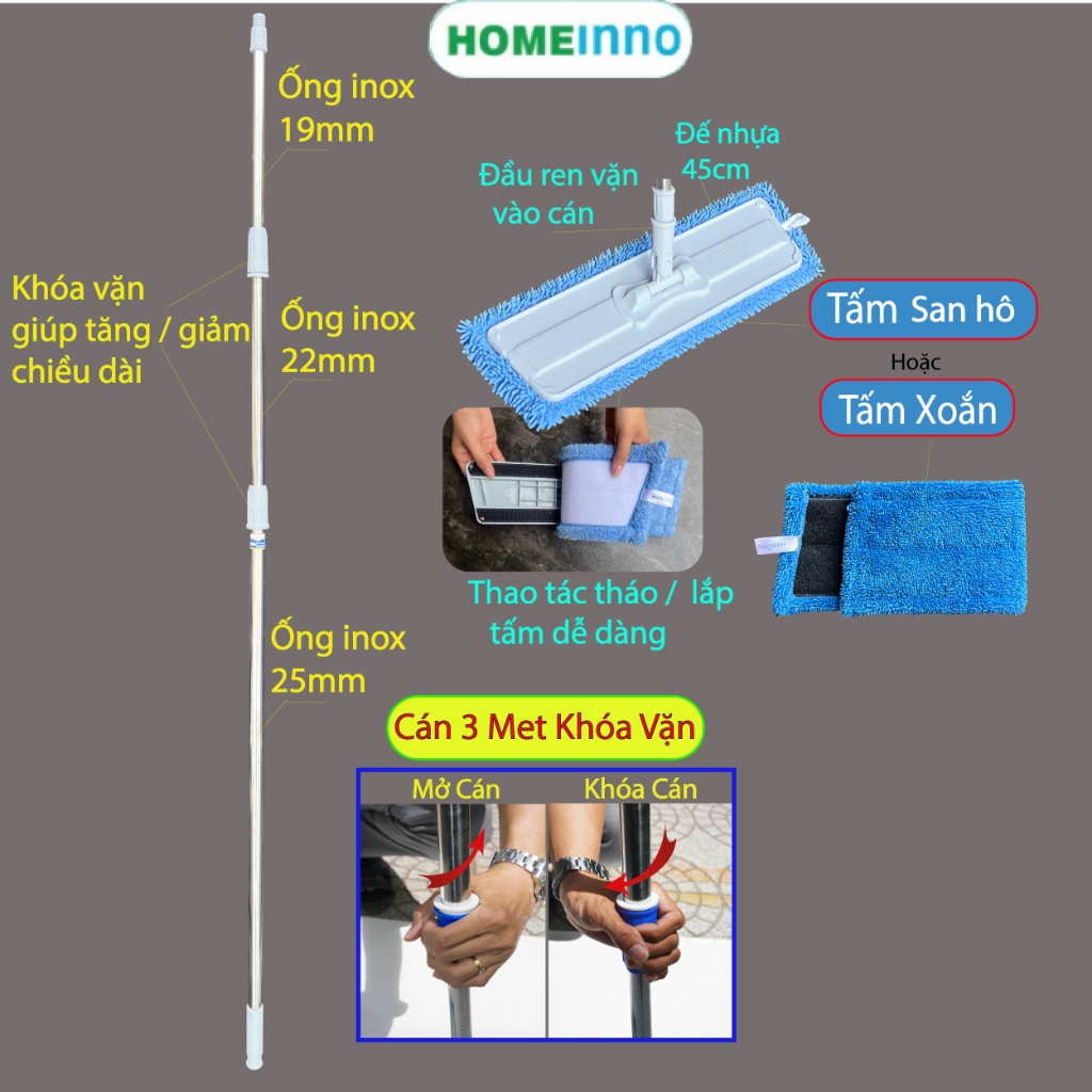 Cây Lau Tường, Lau Trần Nhà, Lau Kính Trên Cao Kiểu Dán Bảng 45cm Homeinno Cán 3 Mét KHÓA VẶN