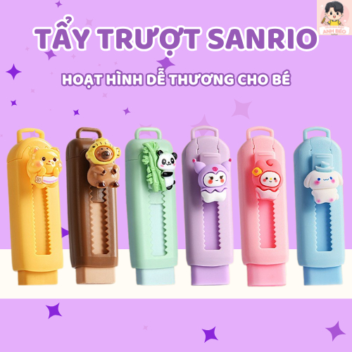 Tẩy chì dạng trượt nhiều màu khác nhau, gôm tẩy chì đẩy kéo gắn charm hình hoạt hình gấu trúc dễ thương