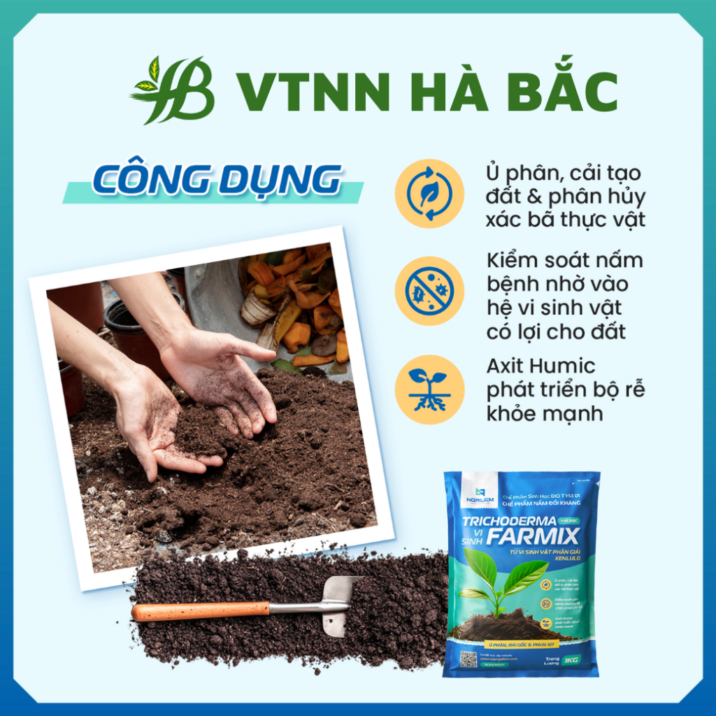 Chế phẩm nấm đối kháng Trichoderma FARMIX -  Ủ phân bón gốc và phun xịt (gói 1KG)