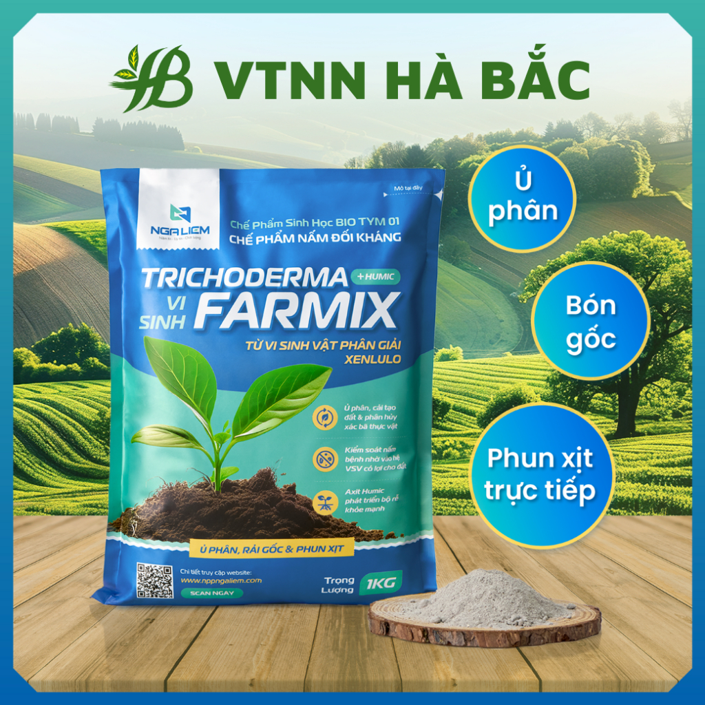 Chế phẩm nấm đối kháng Trichoderma FARMIX -  Ủ phân bón gốc và phun xịt (gói 1KG)