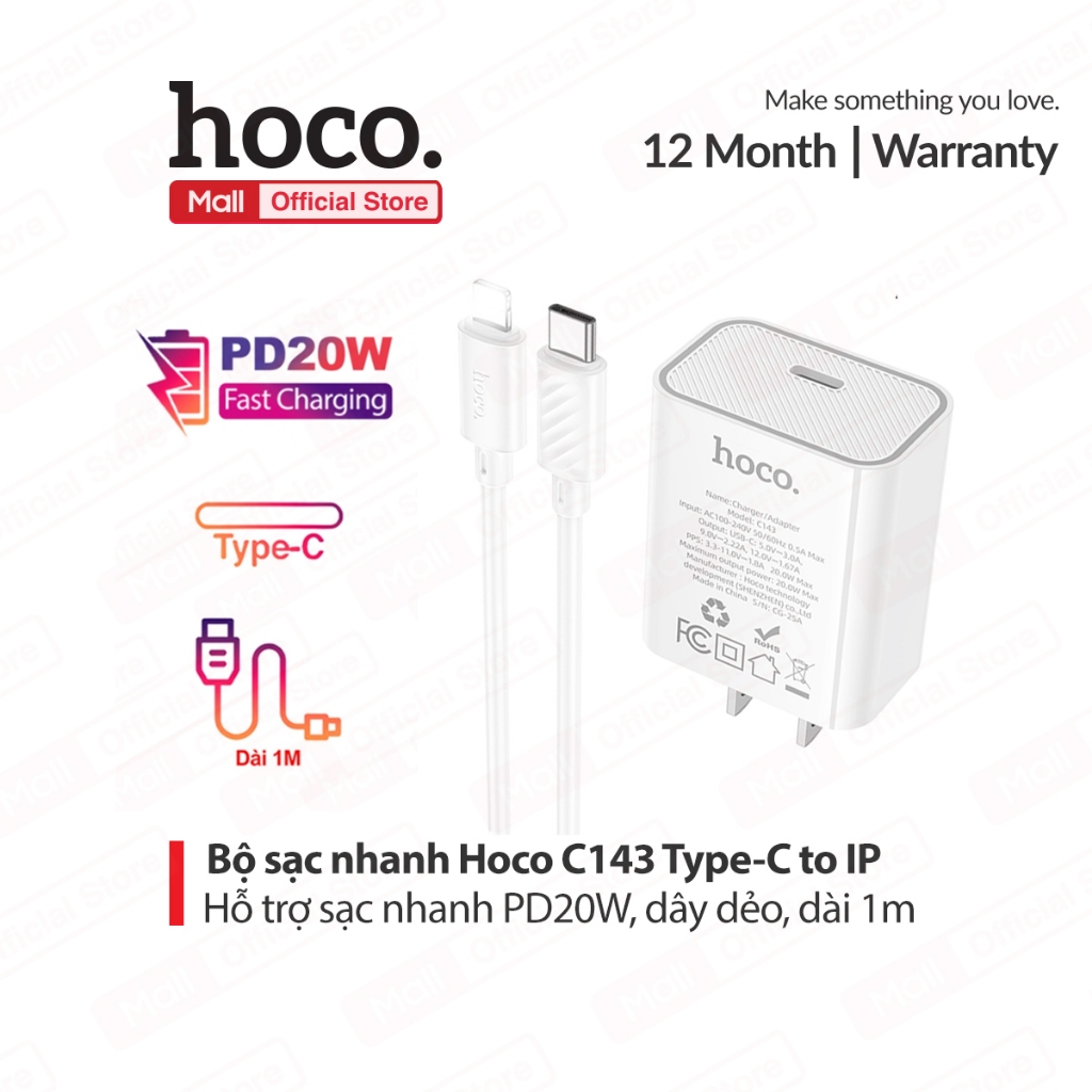 Bộ sạc nhanh PD20W Type-C to IP dùng cho ip6/7/8/10/11/12/13/14 Hoco C143 , chân dẹt ,dây dẻo dài 1m