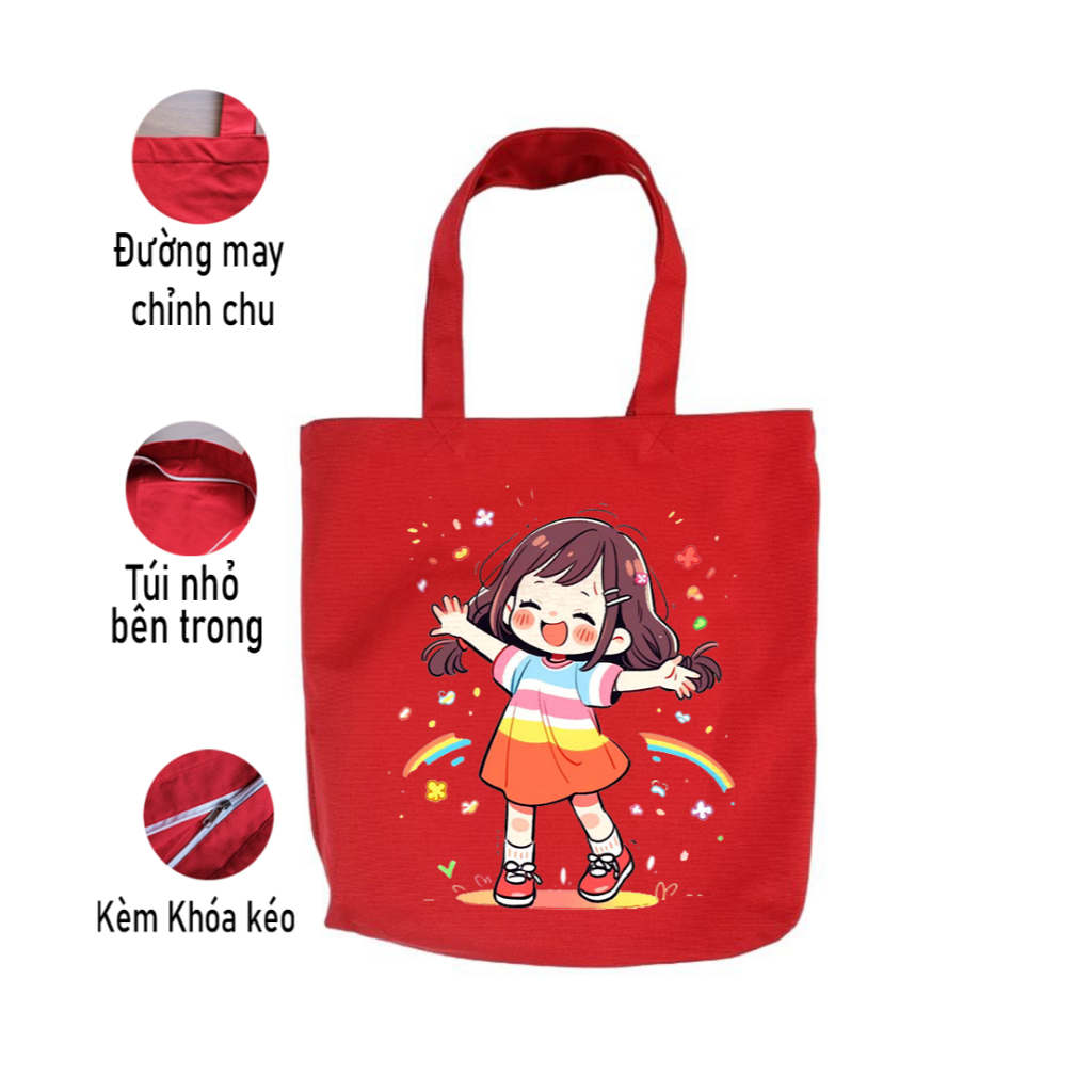Túi vải canvas màu đỏ in hoạt hình dễ thương so cool TÚI TOTE DU LỊCH thời trang đựng đồ kích thước 35*40 tuid09