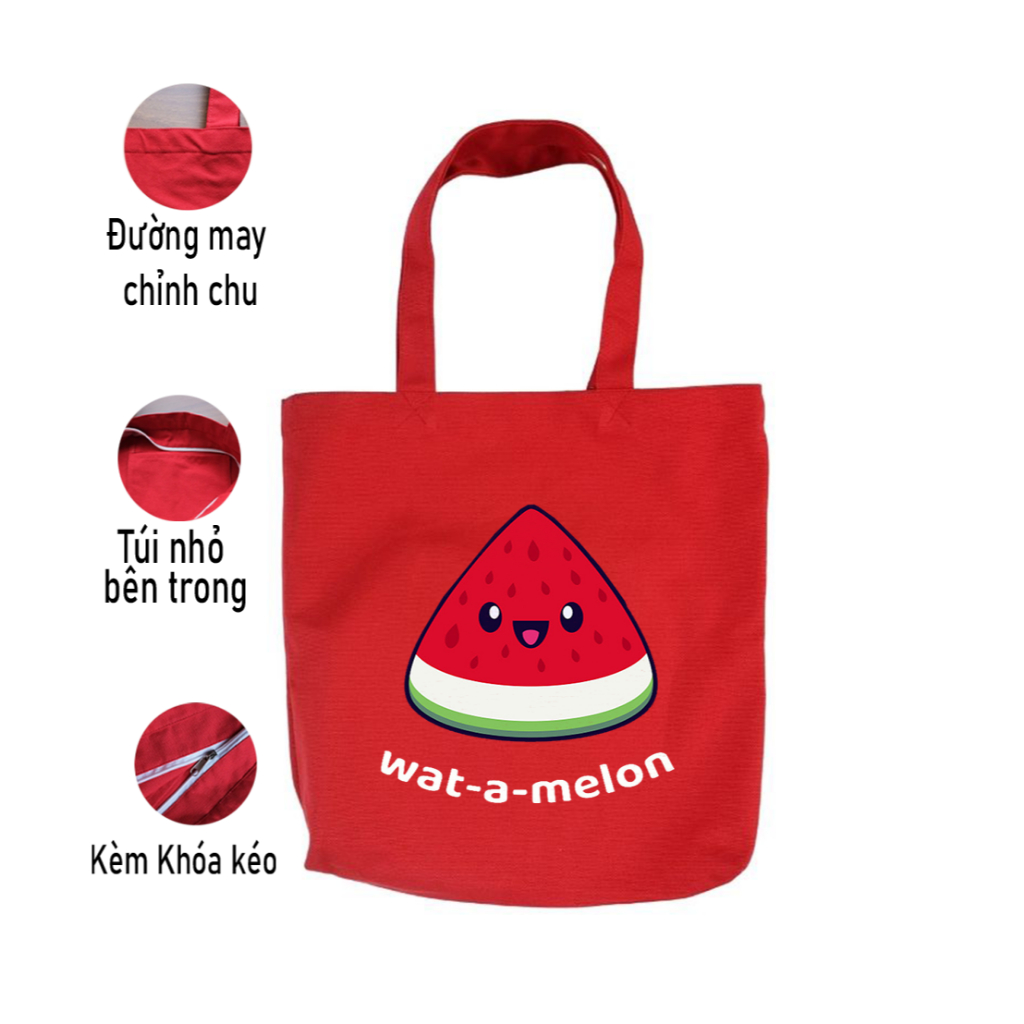 Túi Tote ĐỎ có khóa kéo Dưa hấu Chibi dễ thương túi vải canvas đeo vai phong cách thời trang đựng đồ 35*40 tuid06