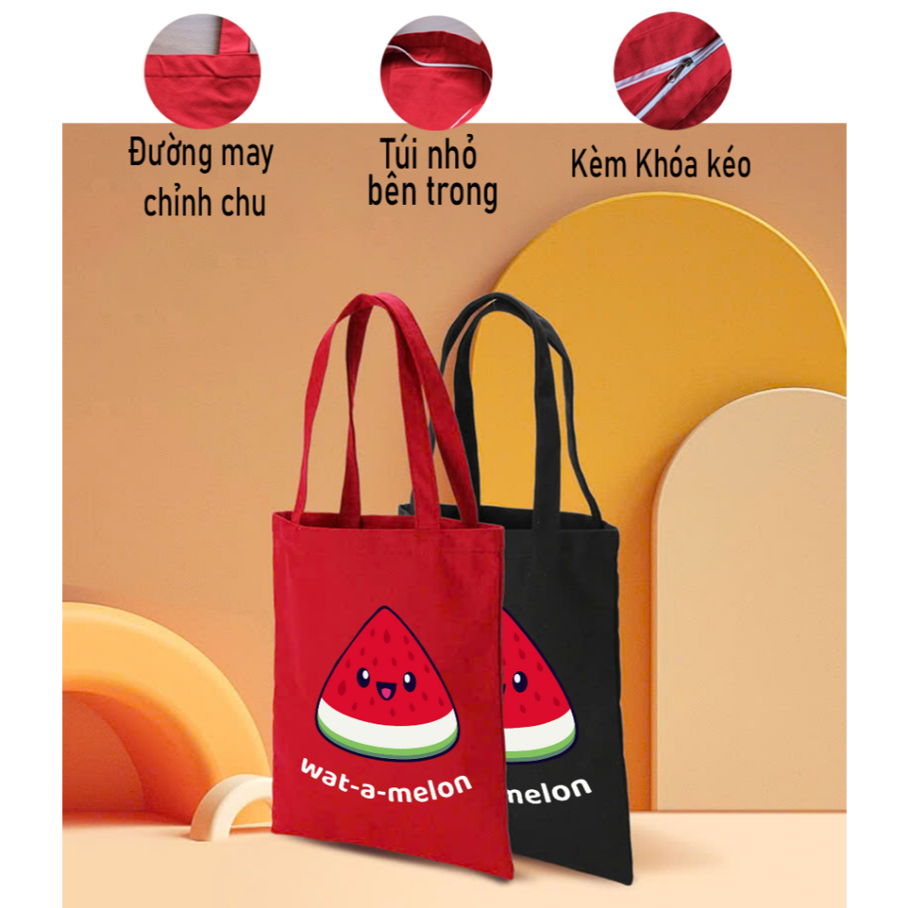 Túi Tote ĐỎ có khóa kéo Dưa hấu Chibi dễ thương túi vải canvas đeo vai phong cách thời trang đựng đồ 35*40 tuid06