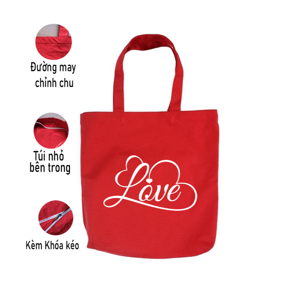 Túi Tote ĐỎ có khóa kéo họa tiết LOVE SWEET túi vải canvas đeo vai phong cách thời trang đựng đồ 35*40 tuid08