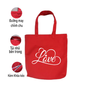 Túi Tote ĐỎ có khóa kéo họa tiết LOVE SWEET túi vải canvas đeo vai phong cách thời trang đựng đồ 35*40 tuid08