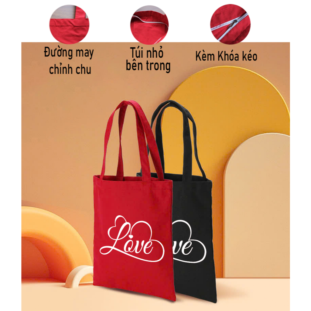 Túi Tote ĐỎ có khóa kéo họa tiết LOVE SWEET túi vải canvas đeo vai phong cách thời trang đựng đồ 35*40 tuid08