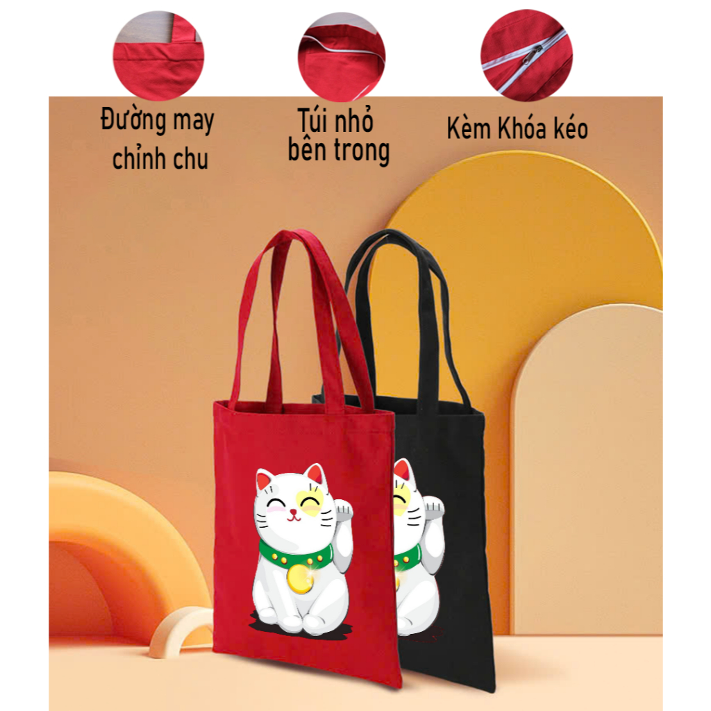 Túi Tote ĐỎ có khóa kéo Mèo Thần Tài May Mắn túi vải canvas đeo vai phong cách thời trang đựng đồ 35*40 tuid07