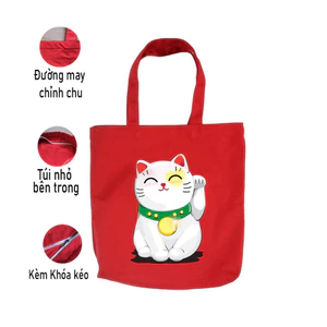 Túi Tote ĐỎ có khóa kéo Mèo Thần Tài May Mắn túi vải canvas đeo vai phong cách thời trang đựng đồ 35*40 tuid07
