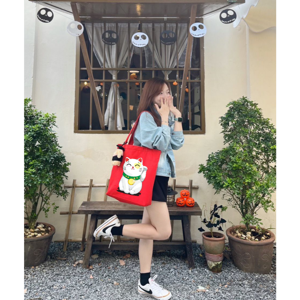 Túi Tote ĐỎ có khóa kéo Mèo Thần Tài May Mắn túi vải canvas đeo vai phong cách thời trang đựng đồ 35*40 tuid07