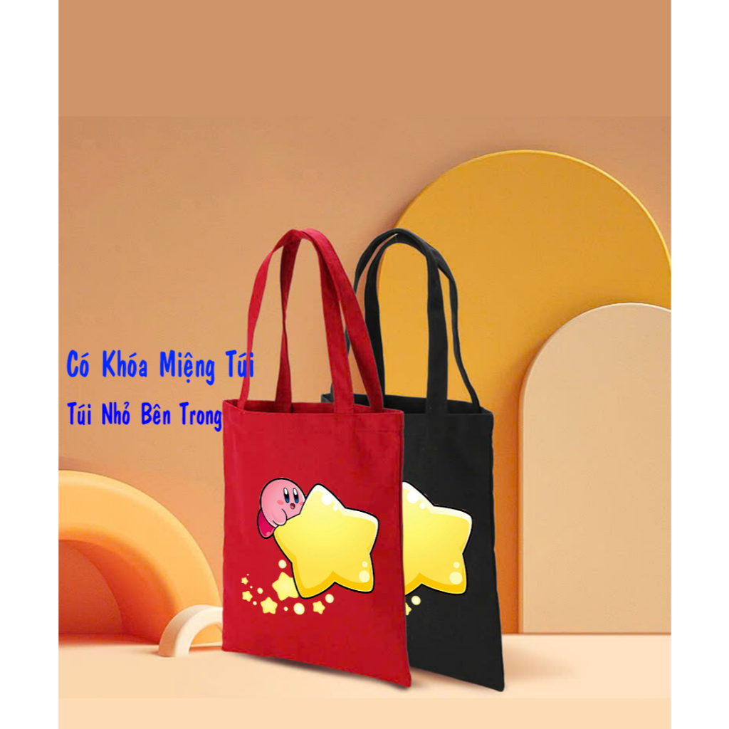 Túi Tote ĐỎ có khóa kéo in hoạt hình Kirby Star túi vải canvas đeo vai phong cách thời trang đựng đồ 35*40 tuid05