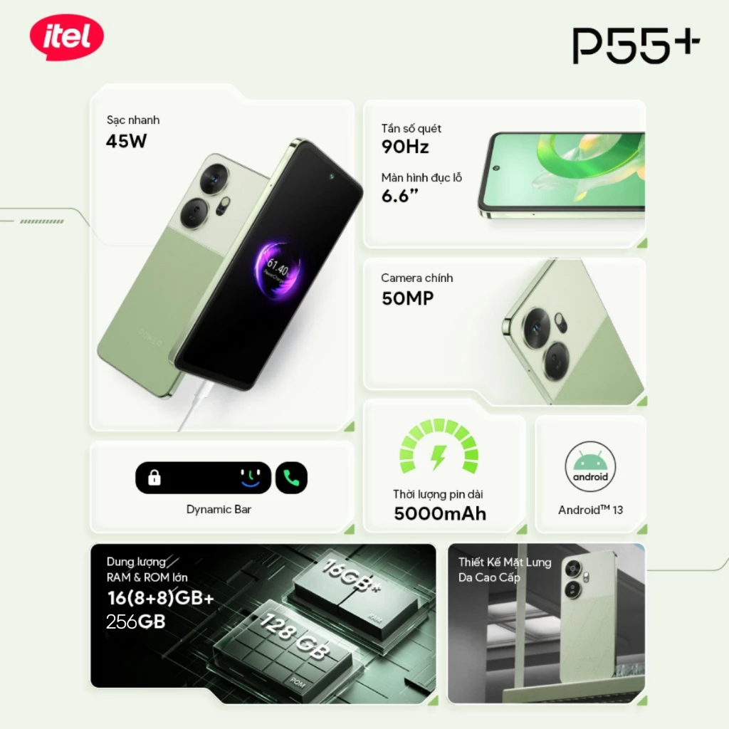 [Tặng tai nghe] Điện Thoại Itel P55+ 8GB/256GB | NFC | 5000 mAH | Sạc Nhanh 45W | HD+90Hz