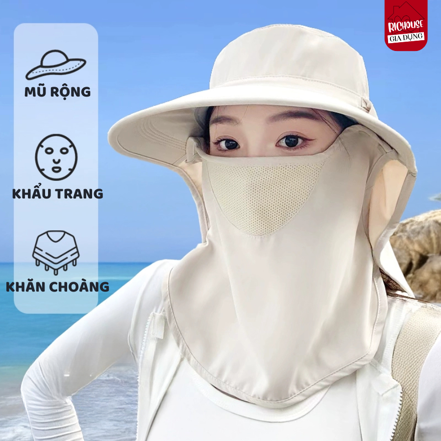 Mũ Chống Nắng Chống 99% Tia UV Kèm Khẩu Trang Che Cổ Tháo Rời Thoáng Khí, Chống Bụi Hiệu Quả