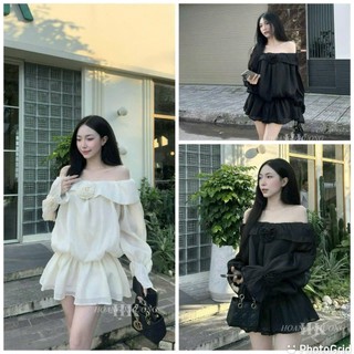 Đầm Nữ hot trend vải tơ thiết kế trễ vai dài tay cổ tay bo chun đính bông váy xòe dáng ngắn trẻ trung đáng yêu
