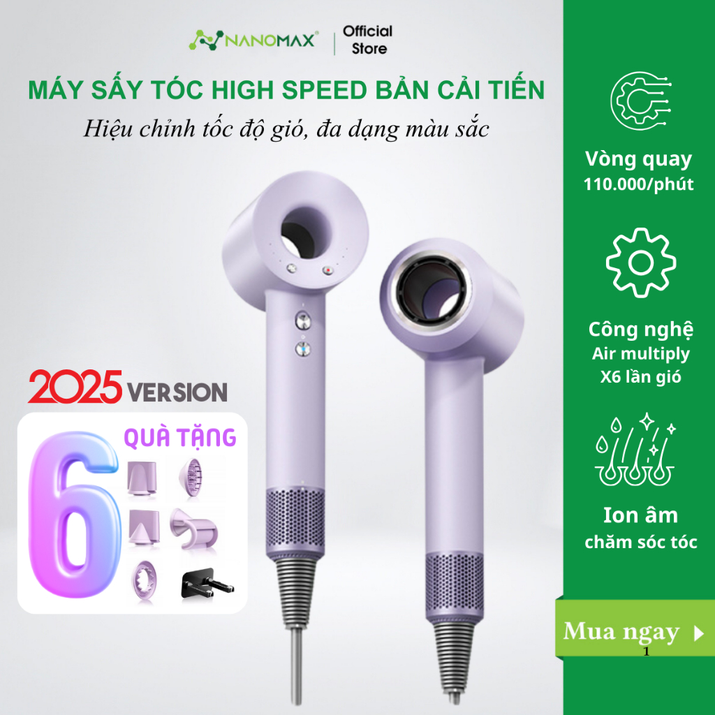 Ảnh Máy Sấy Tóc NANOMAX High Speed Bản Cải Tiến 2 Chiều Nóng Lạnh Thiết Kế Không Lá Động Cơ Không Chổi Than 1