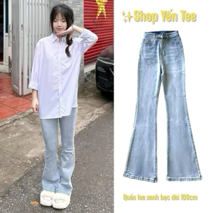 Quần jeans loe xanh ánh bạc nhẹ cạp cao 1 cúc Yến Tee , from loe nhẹ dễ mặc đi học #1024
