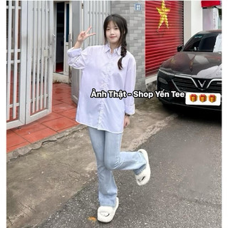 Quần jeans loe xanh ánh bạc nhẹ cạp cao 1 cúc Yến Tee , from loe nhẹ dễ mặc đi học #1024