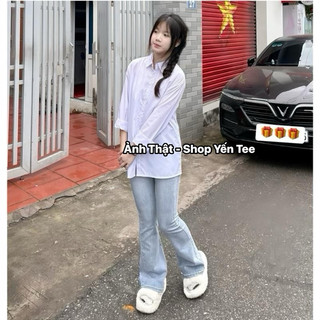 Quần jeans loe xanh ánh bạc nhẹ cạp cao 1 cúc Yến Tee , from loe nhẹ dễ mặc đi học #1024