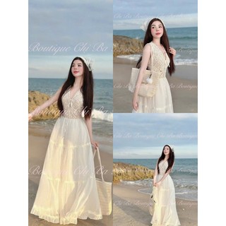 Đầm maxi đi biển cho nàng vải ren phối tơ thiết kế không tay cổ chữ V sâu đính nơ ngực váy xòe xinh xắn