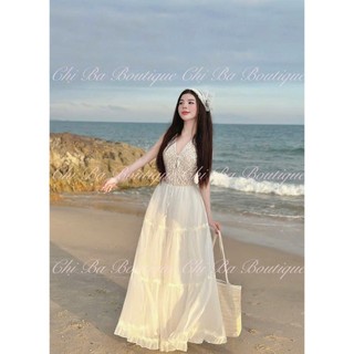 Đầm maxi đi biển cho nàng vải ren phối tơ thiết kế không tay cổ chữ V sâu đính nơ ngực váy xòe xinh xắn