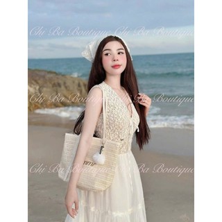 Đầm maxi đi biển cho nàng vải ren phối tơ thiết kế không tay cổ chữ V sâu đính nơ ngực váy xòe xinh xắn