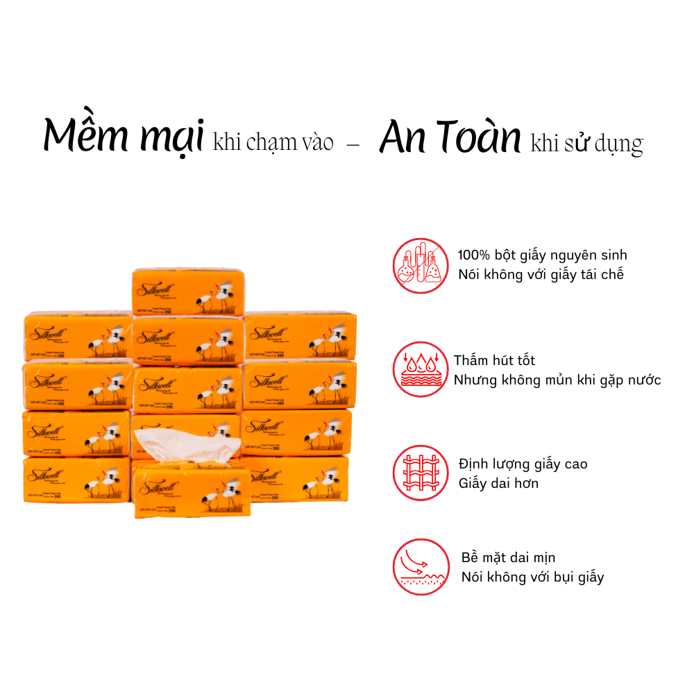 Combo 10 gói gói Giấy ăn rút lụa Silkwell Sếu 130 tờ 3 lớp mềm mịn, không bụi và an toàn cho sức khoẻ