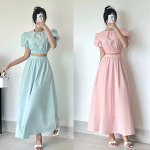 Set bộ thô áo crotop chun eo tay bồng phối chân váy midi dáng dài siêu hách dáng A2373