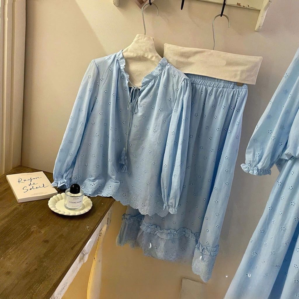 Set bộ đồ nữ ren voan xanh áo babydoll phối chân váy xoè dài, set bộ đồ nữ áo cổ V tay dài phối chân váy dài xếp ly
