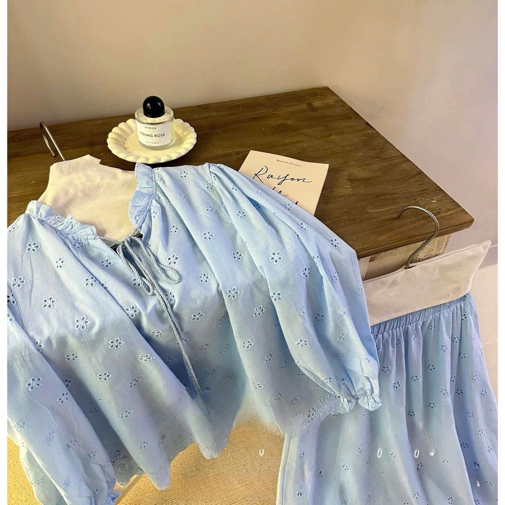 Set bộ đồ nữ ren voan xanh áo babydoll phối chân váy xoè dài, set bộ đồ nữ áo cổ V tay dài phối chân váy dài xếp ly