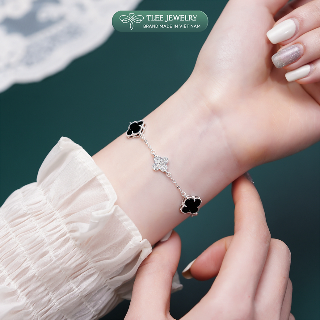 Lắc tay bạc nữ TLEE năm charm hoa cỏ bốn lá đa sắc sang trọng đá 10mm TLEEJEWELRY LT0408