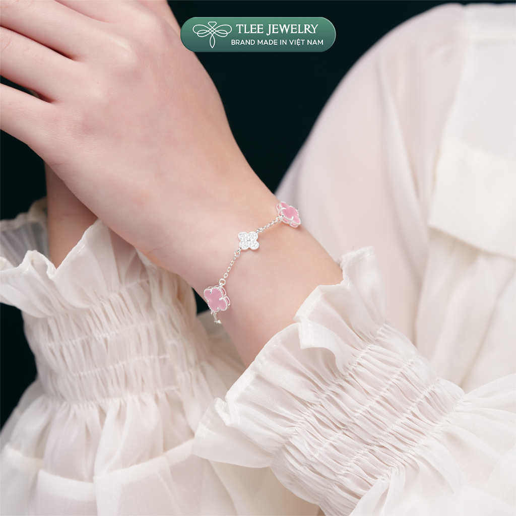 Lắc tay bạc nữ TLEE năm charm hoa cỏ bốn lá đa sắc sang trọng đá 10mm TLEEJEWELRY LT0408