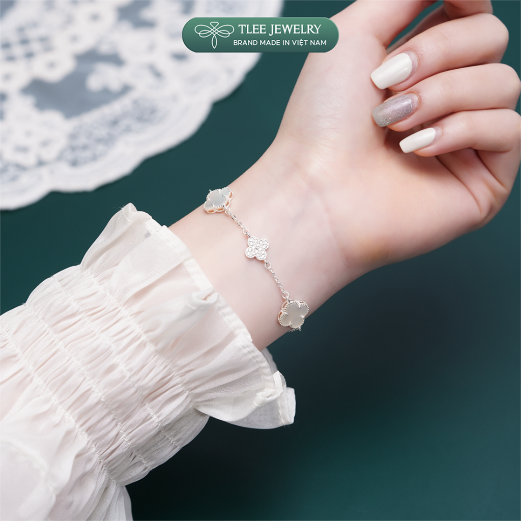 Lắc tay bạc nữ TLEE năm charm hoa cỏ bốn lá đa sắc sang trọng đá 10mm TLEEJEWELRY LT0408