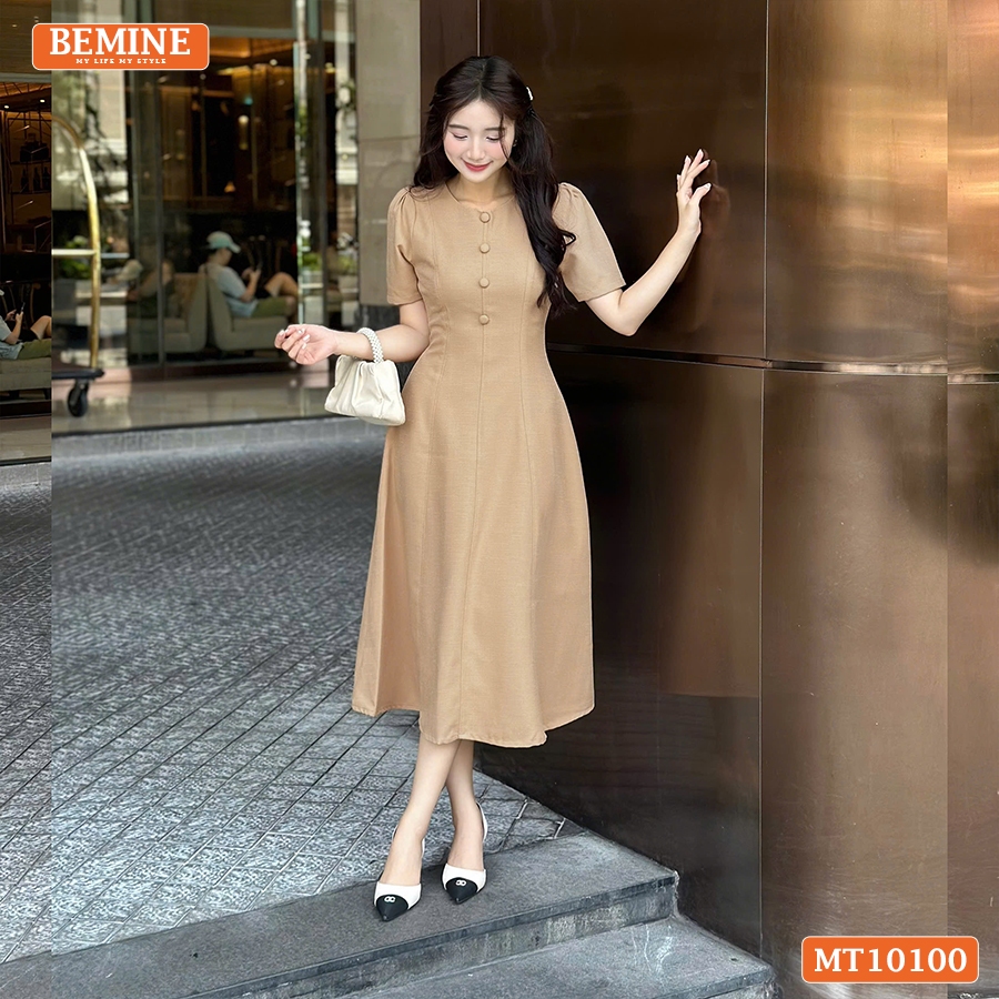 Ảnh Đầm thiết kế BEMINE cổ tròn đính cúc dáng chữ A tay ngắn phù hợp đi làm, đi dạo phố-MT10100 2