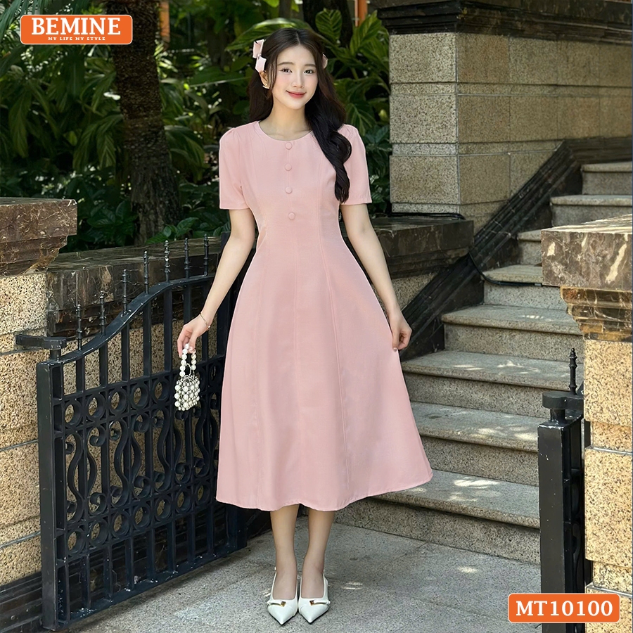 Ảnh Đầm thiết kế BEMINE cổ tròn đính cúc dáng chữ A tay ngắn phù hợp đi làm, đi dạo phố-MT10100 3