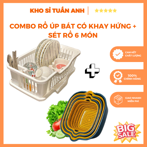 [FREE SHIP] Combo Rổ Úp Bát có khay hứng nước + Bộ Sét Chậu Rổ 6 món đa năng - Tiện Dụng Cho Nhà Bếp