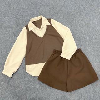 Set Bộ Sơ Mi Bigsize Nữ Áo Sơ Mi Đuôi Tôn Kiểu Gile Phối Quần Short Lưng Cao Cá Tính SET944