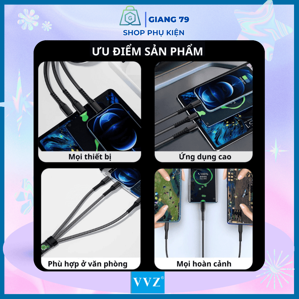 Cáp Sạc 3 Đầu VVZ. Dòng 3A Sạc Nhanh, Chất Lượng Cao, Tiện Dụng Với Mọi Loại ĐT