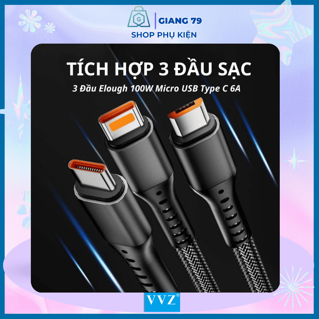 Cáp Sạc 3 Đầu VVZ. Dòng 3A Sạc Nhanh, Chất Lượng Cao, Tiện Dụng Với Mọi Loại ĐT