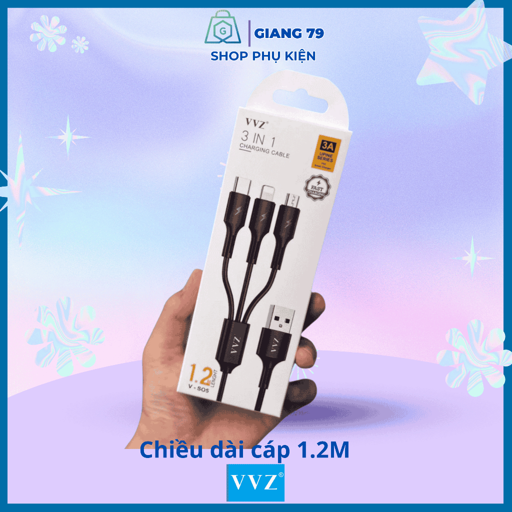 Cáp Sạc 3 Đầu VVZ. Dòng 3A Sạc Nhanh, Chất Lượng Cao, Tiện Dụng Với Mọi Loại ĐT