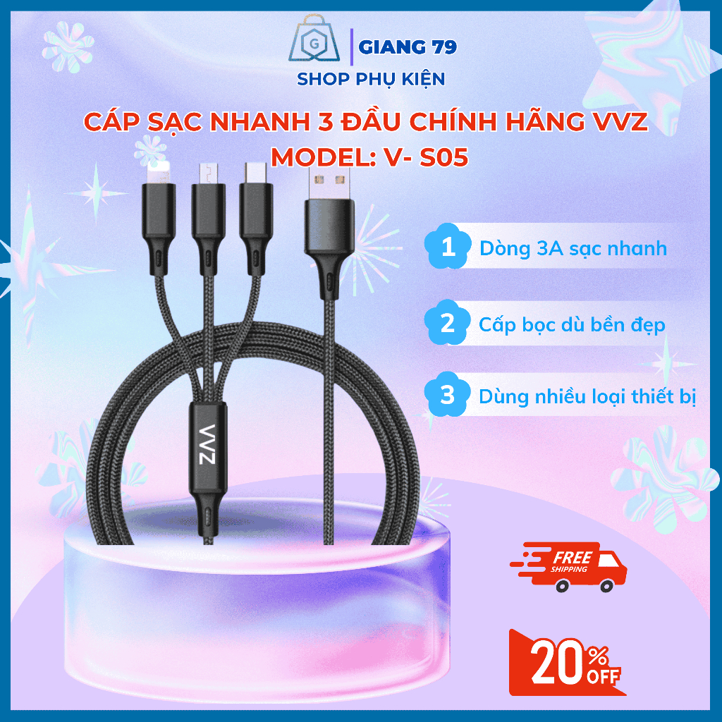 Cáp Sạc 3 Đầu VVZ. Dòng 3A Sạc Nhanh, Chất Lượng Cao, Tiện Dụng Với Mọi Loại ĐT