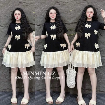 Áo VÁY đầm Babydoll NƠ NỔI Hàng Quảng Châu cao cấp chuẩn Loại 1, Váy ĐẦM Babydoll kết nơ nổi siêu xinh freesize 65kg