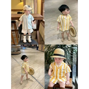Set quần áo sọc xanh vàng phối quần trắng đi biển du lịch đi chơi đi học