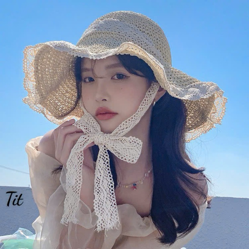 Mũ cói pha ren rộng vành - Mũ đi biển cho nữ