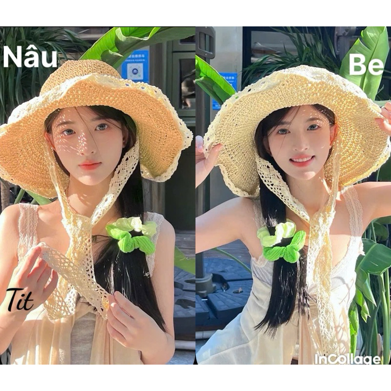 Mũ cói pha ren rộng vành - Mũ đi biển cho nữ