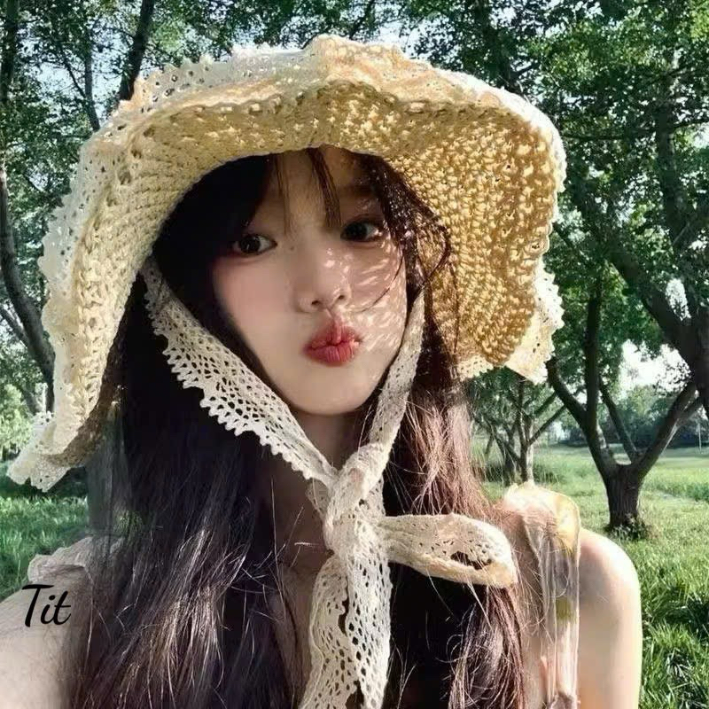 Mũ cói pha ren rộng vành - Mũ đi biển cho nữ