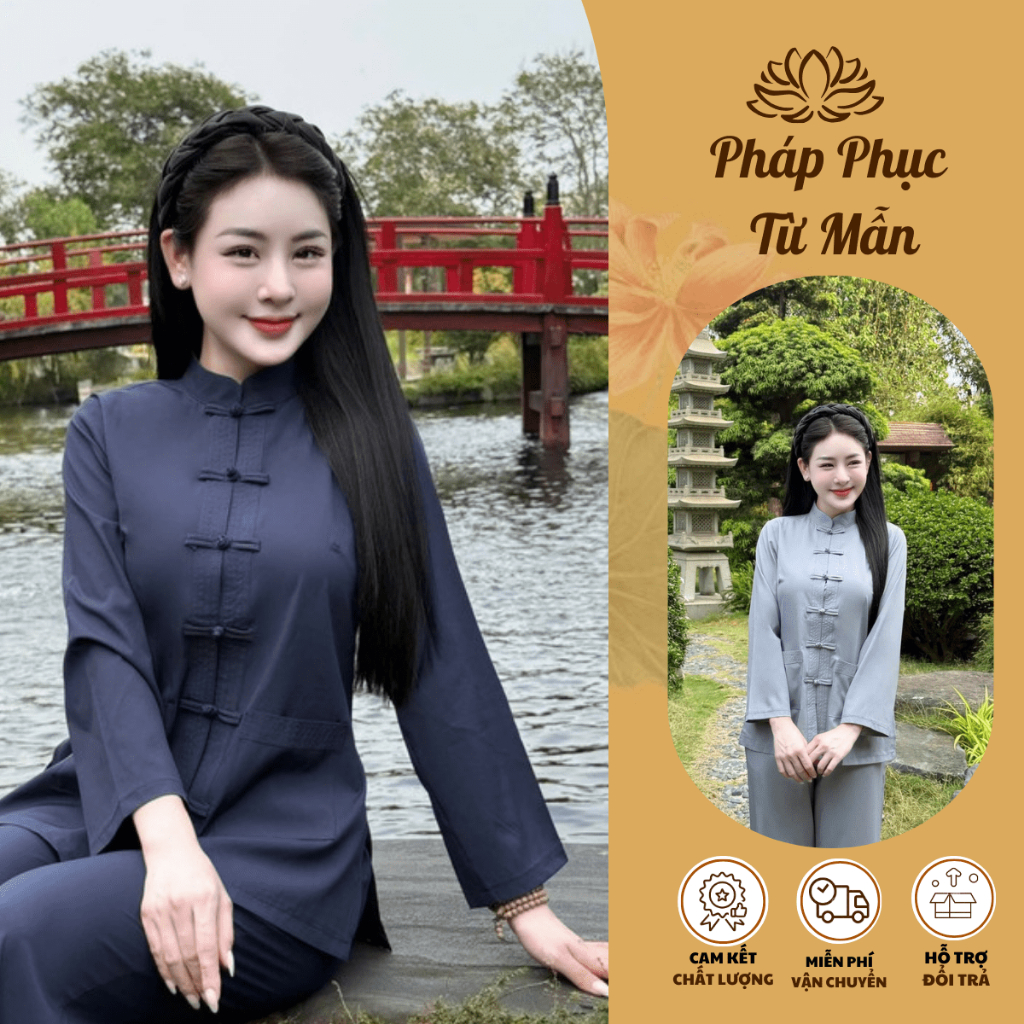 Pháp phục đi chùa cổ trụ dài tay lụa nhuyễn Bộ đồ đi chùa truyền thống Đồ lam đi lễ khuy tết lụa mềm mát