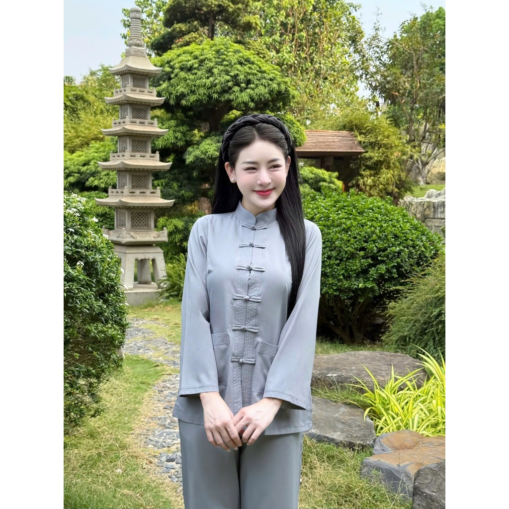 Pháp phục đi chùa cổ trụ dài tay lụa nhuyễn Bộ đồ đi chùa truyền thống Đồ lam đi lễ khuy tết lụa mềm mát
